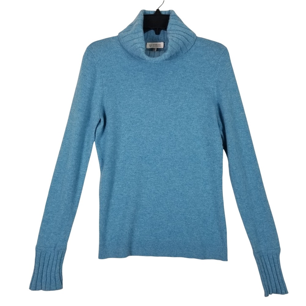 Kinross Cashmere Sweater Womens Medium Blue Turtleneck Long Sleeve 100% Cashmere